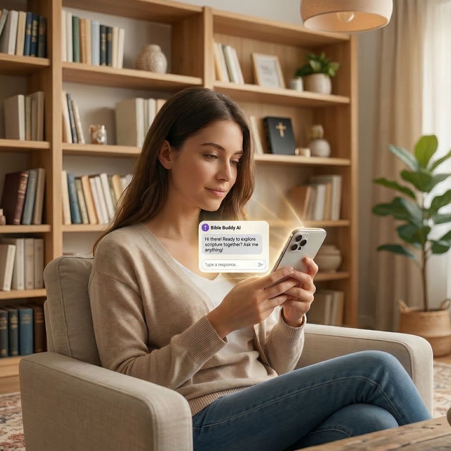 Woman exploring Bible Buddy on her phone