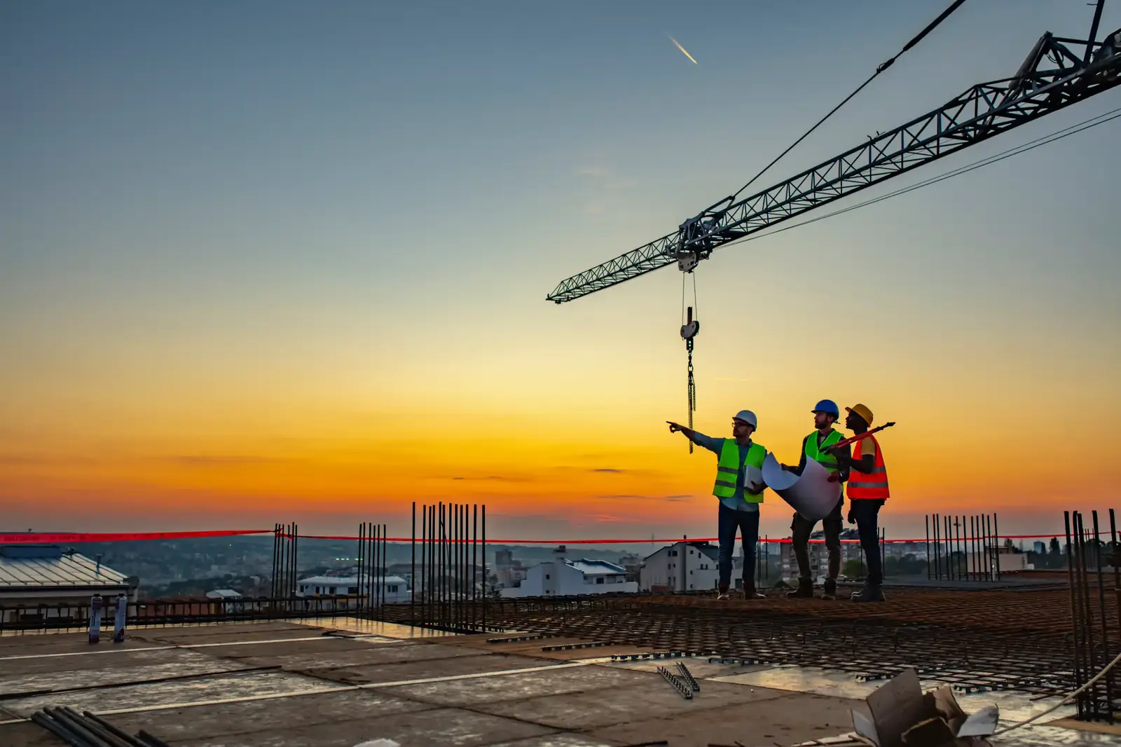 Construction workers reading plans on a rooftop at sunset